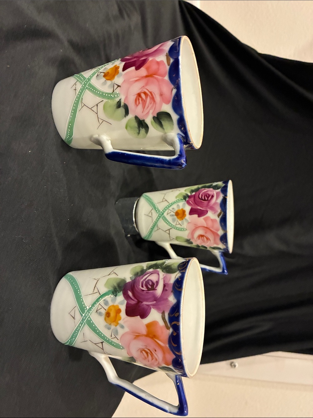 NIPPON E OH Hand Painted Floral Porcelain Mug Cobalt Blue Gold Trim- set of 3
